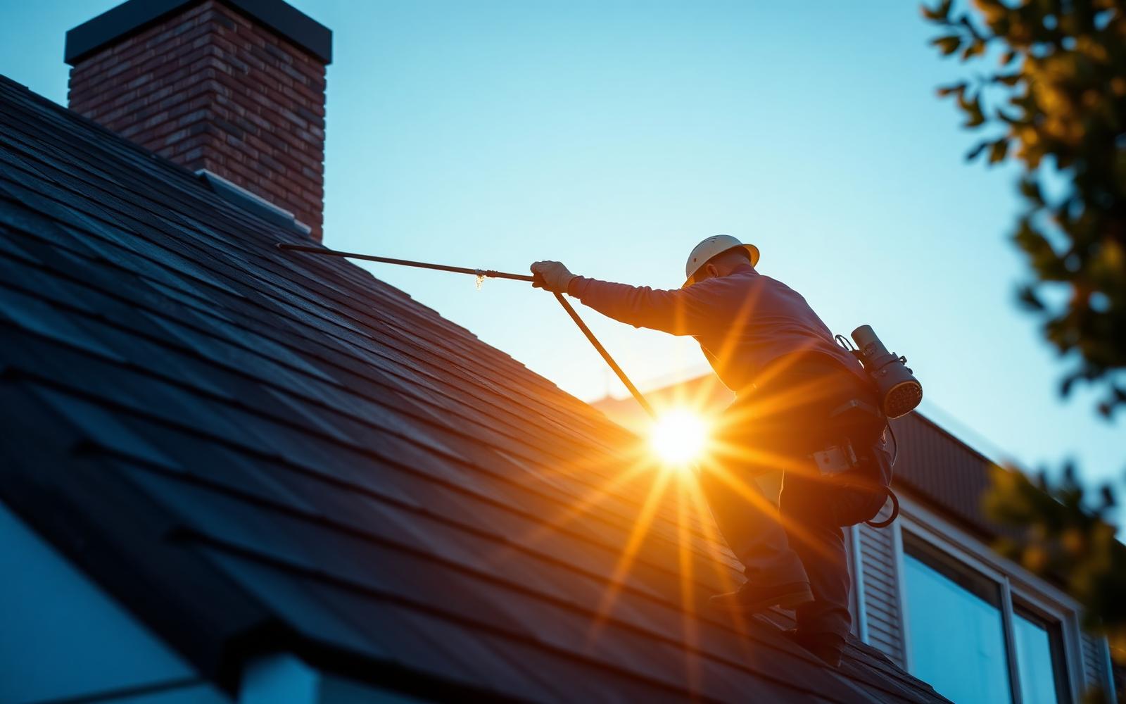 Roofer installing shingles at sunset